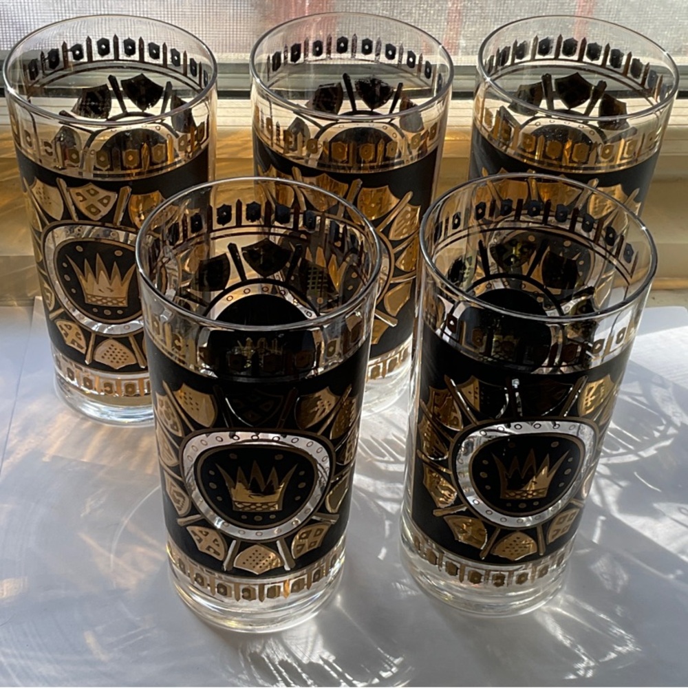 🟣5 Georges Briard Regalia Crown Shield 22K Gold-Trimmed Highball Glassware